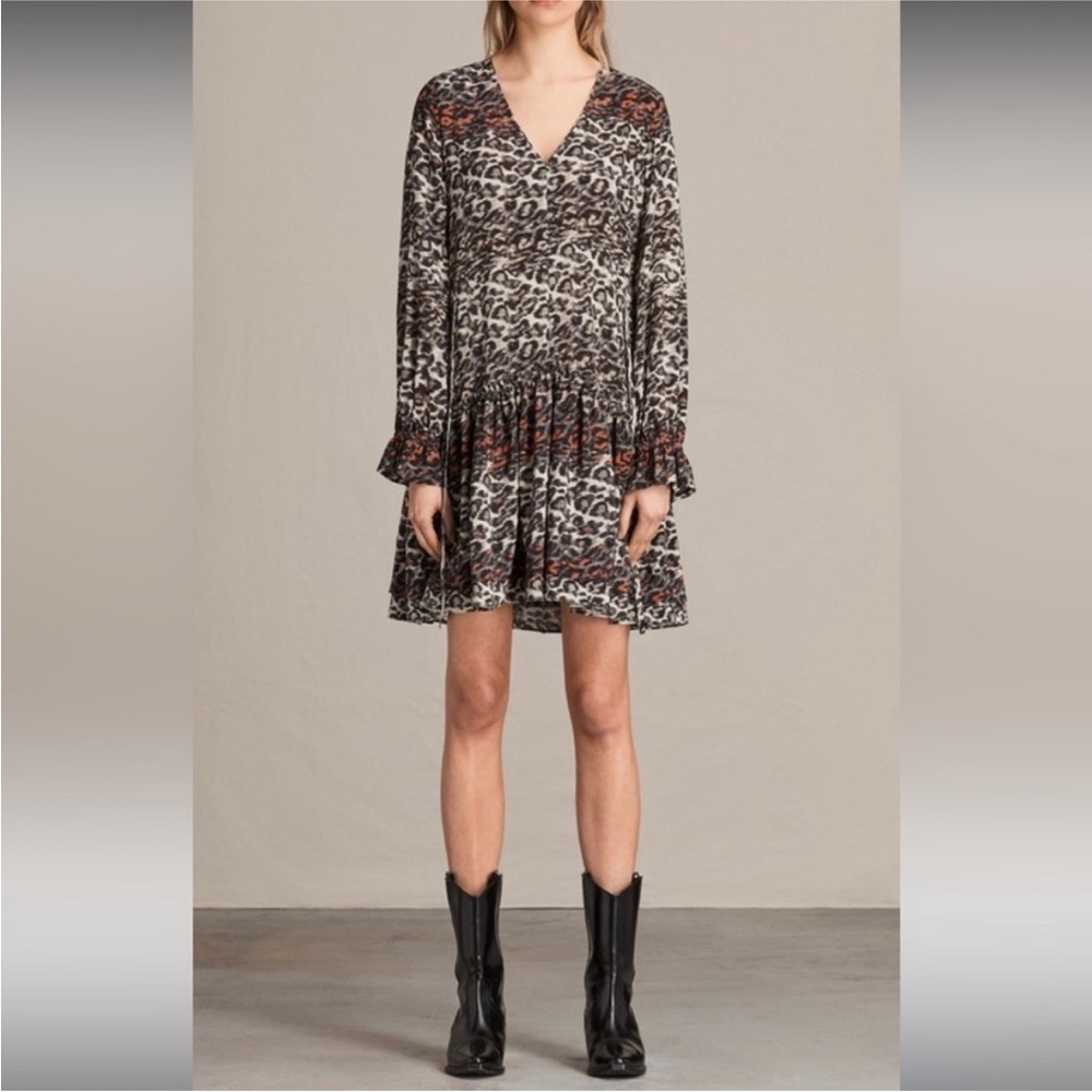 Allsaints Alia Juba Leopard Print Dress-Size Small 100% Pure Silk